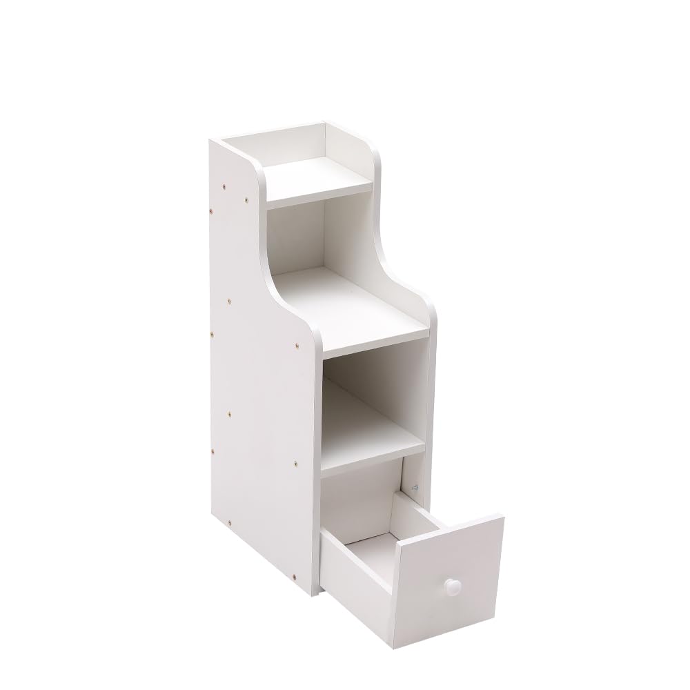 PCGAGA 20cm Small Bedside Table with Drawer and Shelves, Curved Design, Compact Wooden Slim Bed Side Cabinet, Narrow Nightstand End Table (White, H 60 x L 30 x W 20 cm)