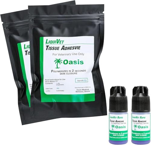 2 Pack Liquivet Rapid 2 Second Tissue Adhesive, Vet Skin Glue, Tissue Wound Cut Skin Closure, 3mL Bottle and 6 Applicators