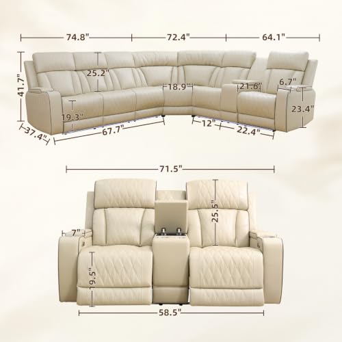 Image of Power Reclining Sectional Sofa, L-Shaped Faux Leather Recliner Couch with LED Lights, Reading Lights, Wireless Charging, Cup Holders, Storage Console & USB-C Ports, Comfortable Home Theater Seating