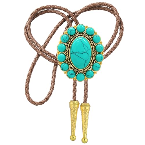 Image of GelConnie Bolo Tie for Men Women Western Cowboy Turquoise Leather Necktie | Natural Stone Bolo Tie Necklace for Women Rodeo Cowboy Leather Necktie Native American Western Cowgirl Ties Adjustable Cord