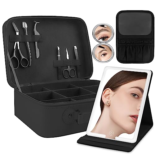 WangSelect Travel Makeup Bag with Light-up Mirror Portable Cosmetic Organizer Train Case with Adjustable Dividers & Brushes Holder &1X/10X Magnifying Compact Mirror & Eyebrow Trimmer- Black