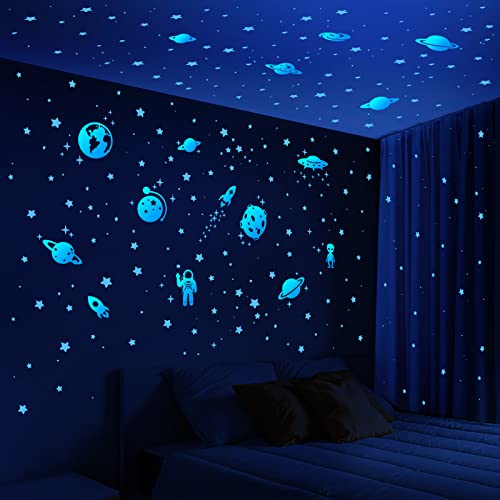 Glow In The Dark Stars For Ceiling, Solar System Wall Stickers For Kids, Planet Wall Decals, Glowing Stars, Space Decor For Boys Room, Galaxy Astronaut Rocket Spacecraft Alien Decoration (Blue) #TOP4