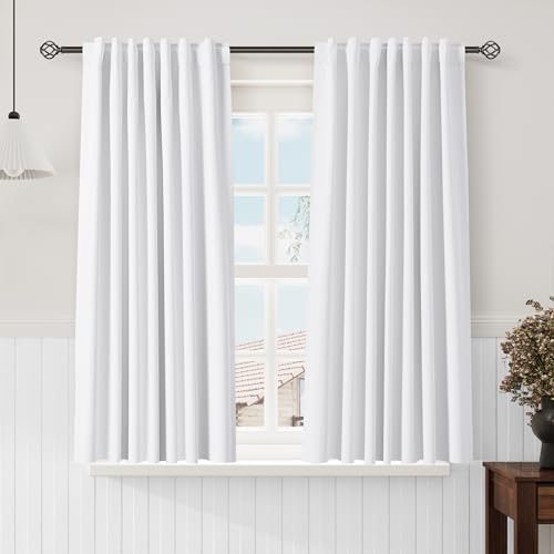 Nanspring White 100% Blackout Linen Curtains 63 Inch Length for Bedroom Back Tab Thermal Insulated Modern Farmhouse Decor Black Out Curtain for Living Room Dining Room Neutral Drapes 52x63, 2 Panels