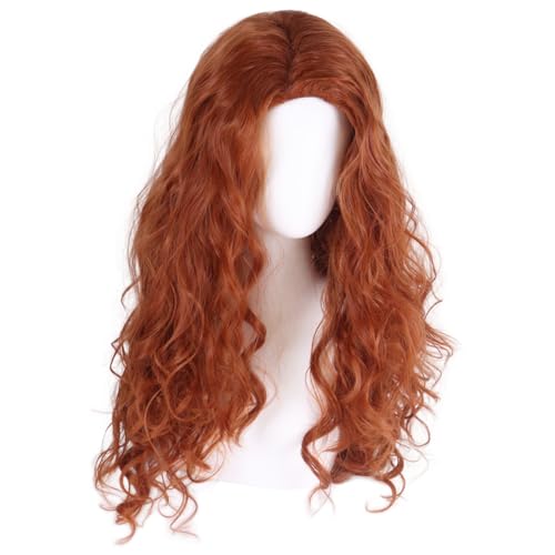 Image of 30 Inch Long Copper Red Curly Wig with Bangs Merida Costume for Women