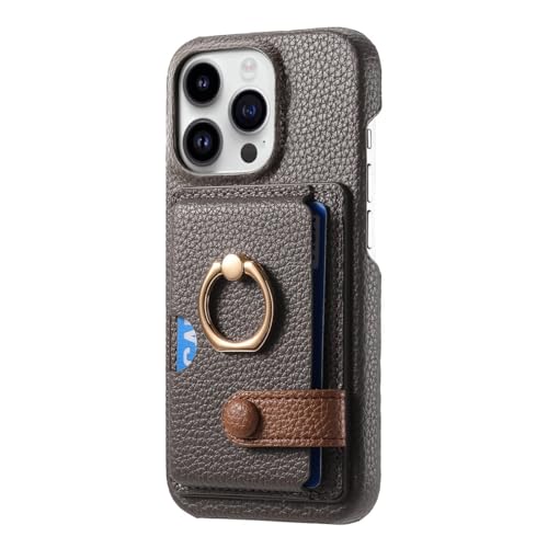 Étui iPhone 16 Pro avec anneau support et protection portefeuille rigide en cuir gris