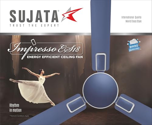 Image of Sujata Ceiling Fan | 100% Copper Winding | 5-Year Warranty | Decorative Ceiling Fan for Living Room /Bedroom | Powerful Airflow | BEE Star Rated | Impresso ES18 (Matt Blue Silver)