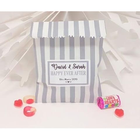 Treasured Forever Personalised Wedding Favour Sweet Bags Birthday Candy Cart Striped Polka Dots | Grey Strips - Personalised Text | 100 Cover