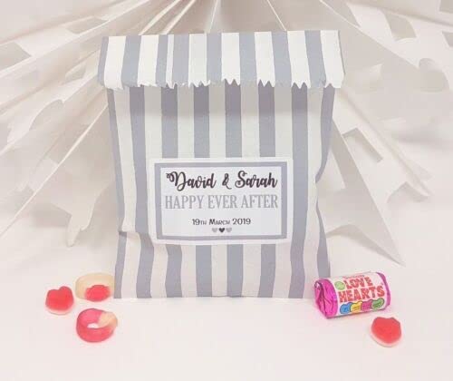 Treasured Forever Personalised Wedding Favour Sweet Bags Birthday Candy Cart Striped Polka Dots | Grey Strips - Personalised Text | 100