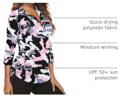 Image of Cucuchy Style Womens Golf Shirt 3 /4 Sleeve Quarter Zip Workout Tennis Tops Quick Dry UPF 50+ Shirts