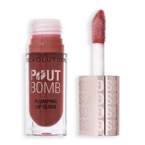 Image of Revolution, Pout Bomb Plumping Lip Gloss, Buildable, High Shine for Hydrating, Plumping Finish, Buildable Color, Vegan & Cruelty-Free, Cookie Warm Nude, 0.15 fl oz