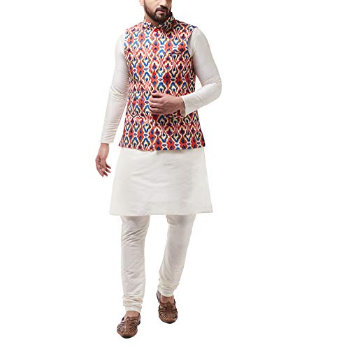 Image of SOJANYA (Since 1958, Men's Silk Blend Pink Kurta Pyjama & Printed Nehrujacket Combo