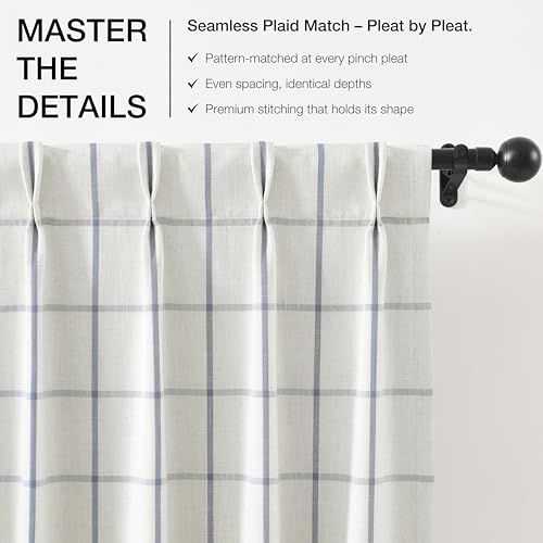 Vision Home Blue Plaid Linen Pinch Pleated Full Blackout Curtains 40x102Lx2 - image 3