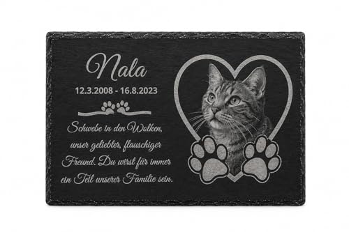 Personalisierter Grabstein mit Namen und Foto als Grabschmuck für Hund Katze & andere Haustiere - Pfoten chieferplatte mit Gravure als Tiergrabstein Deko & Tiere Grabtafel 30 x 20 cm