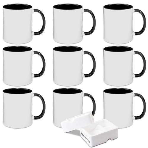 SUBLOVER Set of 9 Sublimtion Blanks Ceramic White Tazas Para Coffee Mugs 11OZ Sublimation Cups Bulk For Christmas for Mug Press Machine,Color Inner and Handle(Black)