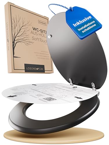 LOBENSWERK Toilettendeckel mit Absenkautomatik Holz [Einfache Montage] mit Soft-Touch-Legierung | antibakteriell | Quick-Release-Funktion | Klobrille mit Holzkern WC Sitz Klodeckel Schwarz Matt