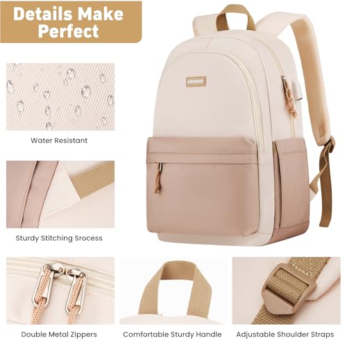 School Backpack for Teens Girls, Cute Student Bookbag Large 15.6 Inch Laptop Bag Aesthetic College Backpacks for Women High School Travel (Khaki Beige)4