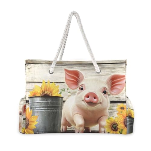 Beach Bag Pig Cute Bucket Sunflower for Women Large Beach Tote Bag with Zipper for Travel Vacation