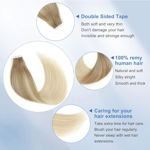 Image of Sixstarhair Invisible Tape In Hair Extensions Real Human Hair Balayage Blonde with Light Chestnut Brown Fading to Platinum Blonde Hair Extensions 20 Pcs 50g [Color #B8-60 18 inch]