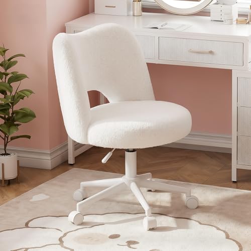 Image of DurayLoly Vanity Chair with Open Back & Wheels,Armless | Fluffy Teddy Fabric ,Armless, Height Adjustable, for Makeup Room, Bedroom,Cream