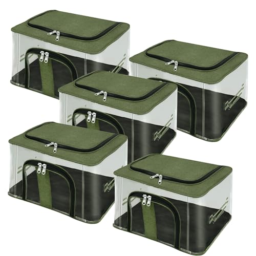 Image of Storite 5 Pack Nylon 33 L PVC Transparent Moisture Proof Storage box for Clothes Closet Wardrobe Organizer for Clothes Saree Bags with Carry Handle (DarkGreen, 44L x 31W x 24H cm)