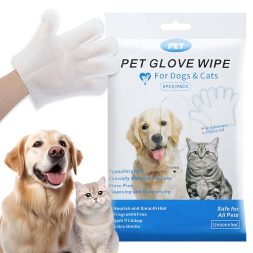 Kiluiu Pet Cleaning Gloves, 6-Pack No-Rinse Grooming Mitts for Dogs and Cats – Extra Thick Deshedding & Deodorizing Gloves with Nourishing Formula, Unscented & Hypoallergenic