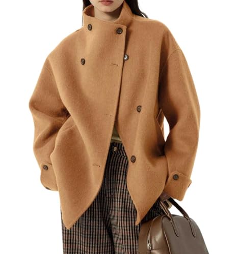 Image of chouyatou Womens Winter Stand Collar Wool Trench Coat Single Breasted Blazer Jacket Coat Loose Outerwear (Medium,Brown)