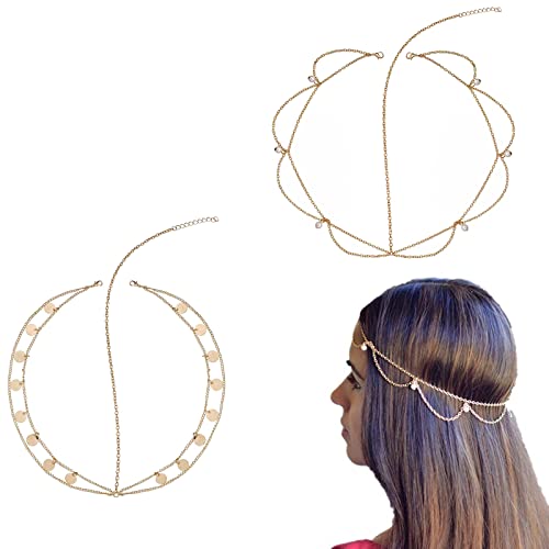 2Pcs Women Gold Layered Head Chain Headband Bridal Head Chain Headdress for Bohemian Style Wedding Headpiece Hair Jewelry Accessories for Bridal and Girl Hair Accessories