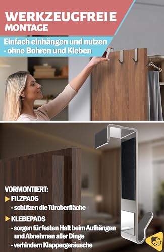 Menz Premium Türhaken zum Einhängen, 6er Set - Edelstahl Kleiderhaken Tür, formstabile Haken zum Einhängen, Türgarderobe mit hoher Tragkraft, durchdachte Türhakenleiste, universell einsetzbar
