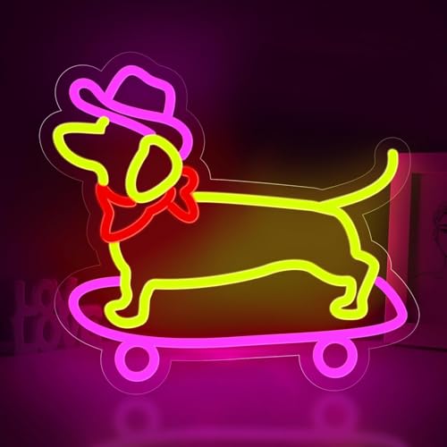 Image of Dachshund Dog Neon Sign for Wall Decor,Dimmable Skateboard Dog with Cowboy Hat Neon Light,Yellow Pink Puppy Light Up Signs for Pet Shop Bedroom Party Bar Background Christmas Decorations