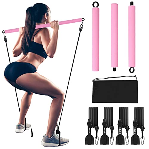 Pilates Bar Kit with 4 Resistance Bands, Portable 3 Section Pilates Workout Bar for Women & Men, Adjustable Yoga Pilates Flexbands Kit for Full Body Shaping