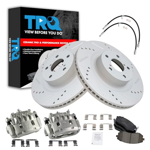 Image of TRQ Performance Front Brake Pad and Rotor Set Ceramic Drilled Slotted | For 2006 Subaru Baja 2005-2009 Outback