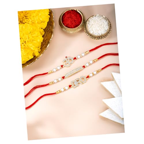 Image of Peora Om Shree Ram Swastik Rakhi for Brother Bhaiya | Crystal & Beads Studded | Red Thread | Raksha Bandhan Hamper with Roli Chawal Greeting Card