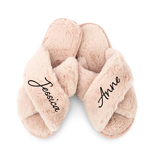 WEDDINGSTAR Blush Pink Custom Printed Plush Crossband Slide House Slippers