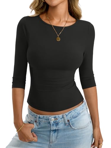Eachyes Womens 3/4 Length Sleeve Boat Neck Tops Casual Slim Fit T-Shirts Basic Tees Fall Fashion Outfits Clothes 2025 Black Medium