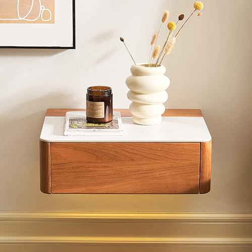 Mesita de noche flotante con estación de carga, almacenamiento de pared de madera maciza para dormitorio o entrada