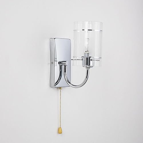 Miniatura 8 de LED Wall Sconce Light Clear Glass with Pull Chain Switch, Chrome Bathroom Vanity Cylindrical Modern Mid Century Iron Hardwired Lamp Stripe Shade,