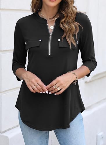 Halife Women's 3/4 Length Sleeve V Neck Flowy Tunic Blouses Work Tops Shirts with Zippers3