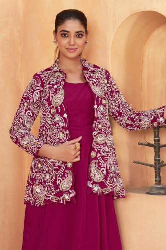 Image of Miss Ethnik Women's Maroon Vichitra Silk A-Line Gown with Heavy Embroidered Jacket - Mandarin Neck Full Sleeve Solid Maxi Dress, Festive Ethnic Wear