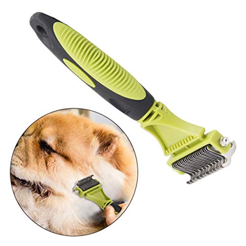 Pet Grooming Tool - 2 Sided Undercoat Rake for Cats & Dogs - Safe Dematting Comb for Easy Mats & Tangles Removing - No More Nasty Shedding and Flying Hair (Green)