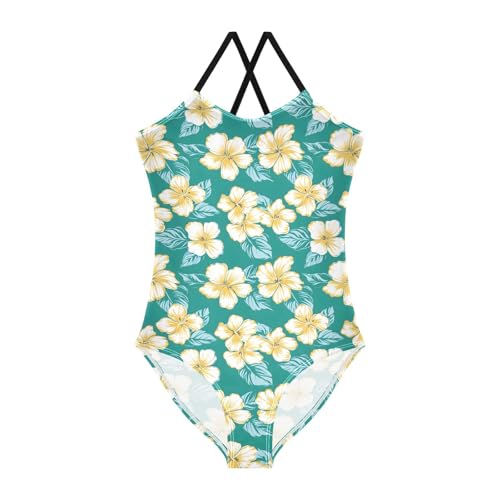 senya Girls Swimsuits One-Piece Swimwear Tie Bathing Suit Beach Summer Round Neck 5-6T Hawaiian Flowers Pattern