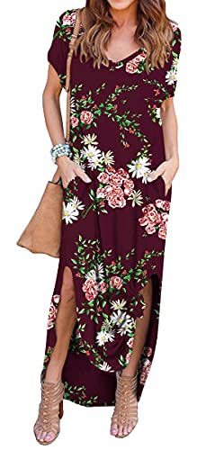 Image of GRECERELLE Women's Summer Maxi Dress Casual Loose V Neck Short Sleeve Side Split Long Dresses with Functional Pockets