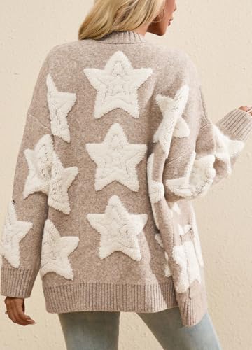 chouyatou Women's Fall 2025 Star Fleece Patchwork Cardigan Button Down Jacquard Chunky Knitted Sweater Coatigan4