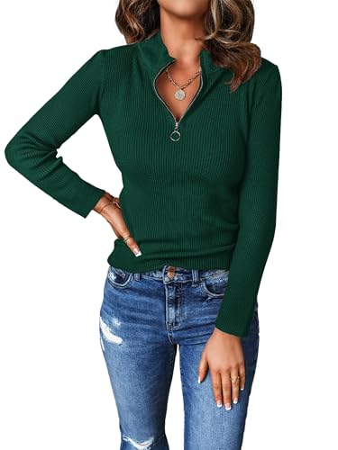 PRETTYGARDEN Fall Quarter Zip Pullover Sweaters for Women 2025 Long Sleeve Collared Fitted Ribbed Knit Tops(Dark Green,Small)