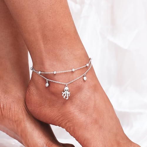 Image of CHIC & ARTSY 925 Sterling Silver Ankle Bracelets for Women, Adjustable Layered Foot Chains with Nature & Symbol Charms, Lightweight Comfort Fit Boho Beach Everyday Jewelry