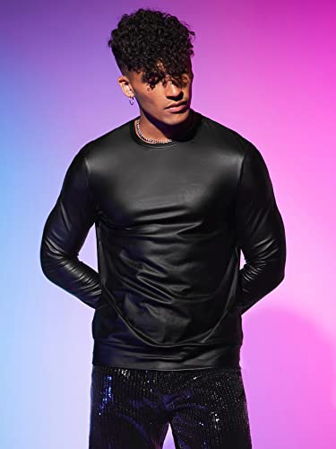 WDIRARA Men's Round Neck Long Sleeve PU Leather Sweatshirt Party Club Pullovers3
