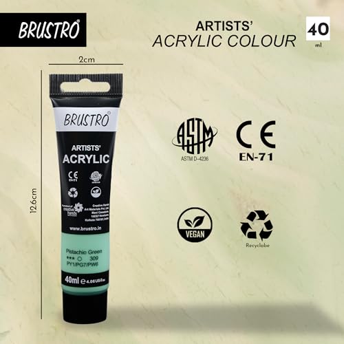 Image of BRUSTRO Artists Acrylic Paint Tube | 40ml, Pistachio Green (Pack of 2) | Pastel Tone|Non-Toxic, Water Based, Inter Mixable,Ideal for Painting, Textured Effects on Canvas, Paper, Fine Art Student