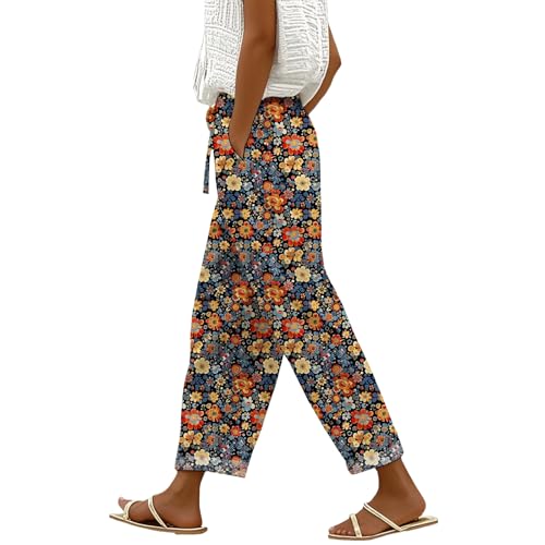 Womens Casual Linen Pants Elastic Waist Drawstring Trousers with Pockets Summer Beach Floral Pants