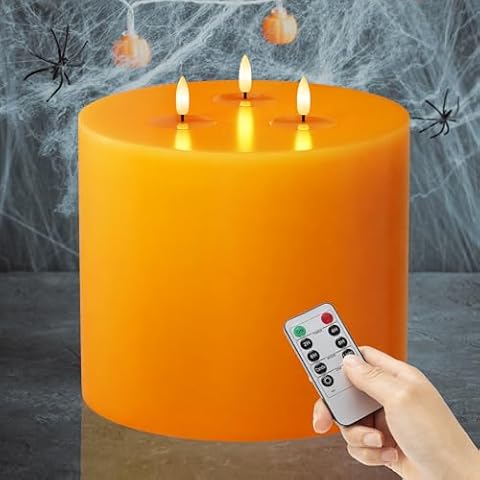 AFINETH Orange Extra Large Flameless Candles, 6"x6" Halloween Real Wax Battery Operated Candles with Remote, Flickering Fall LED Candles with 3 Wicks for Fall, Thanksgiving, Harvest, Halloween Decor Cover