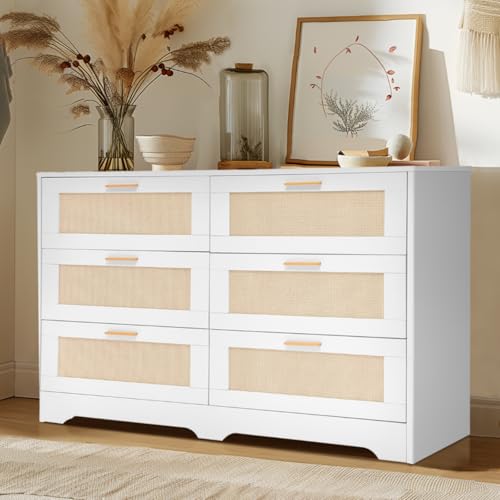 Image of Redlife White Dresser for Bedroom, 6 Drawer Dresser with Golden Handles, Wood Storage Chest of Drawers for Closet, Living Room, Hallway and Entryway - Easy Assembly