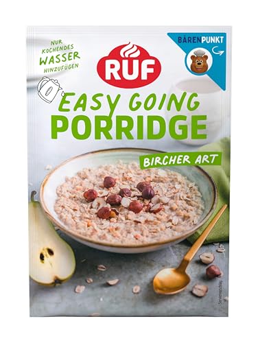 RUF Porridge Bircher Art, Instant Haferbrei mit feinen Haselnüssen und Apfel- und Birnenstückchen, gesundes und leckeres Frühstück, 1 x 65g Beutel